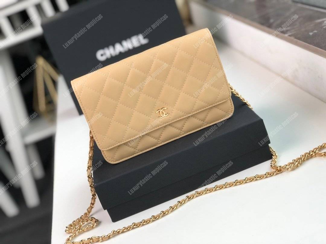 Ch*el wallet on chain – woc quilted lambskin beige gold-toned