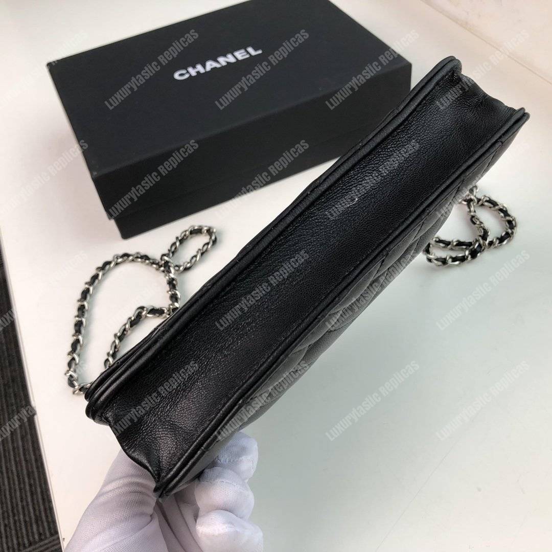 Ch*el wallet on chain – woc chevron lambskin black silver-toned