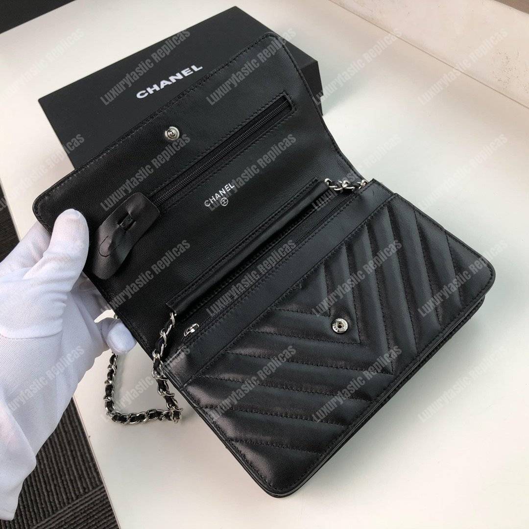 Ch*el wallet on chain – woc chevron lambskin black silver-toned