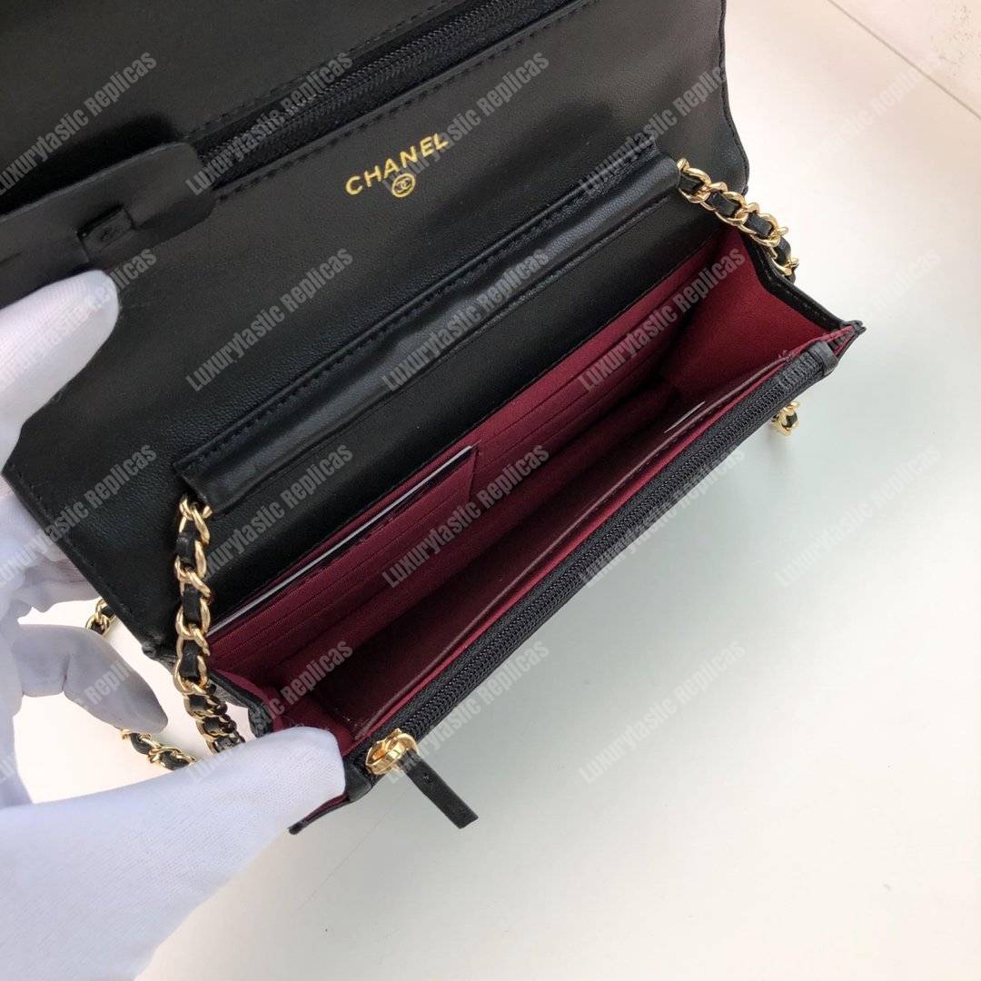 Ch*el wallet on chain – woc chevron lambskin black gold-toned
