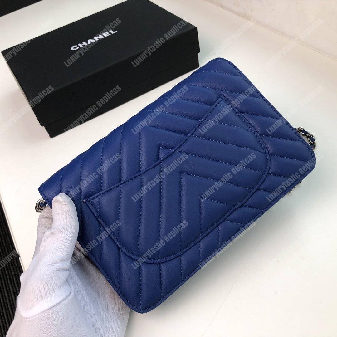 Ch*el wallet on chain – woc chevron lambskin blue silver-toned