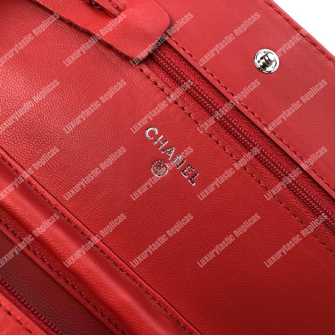 Ch*el wallet on chain – woc chevron lambskin red silver-toned﻿