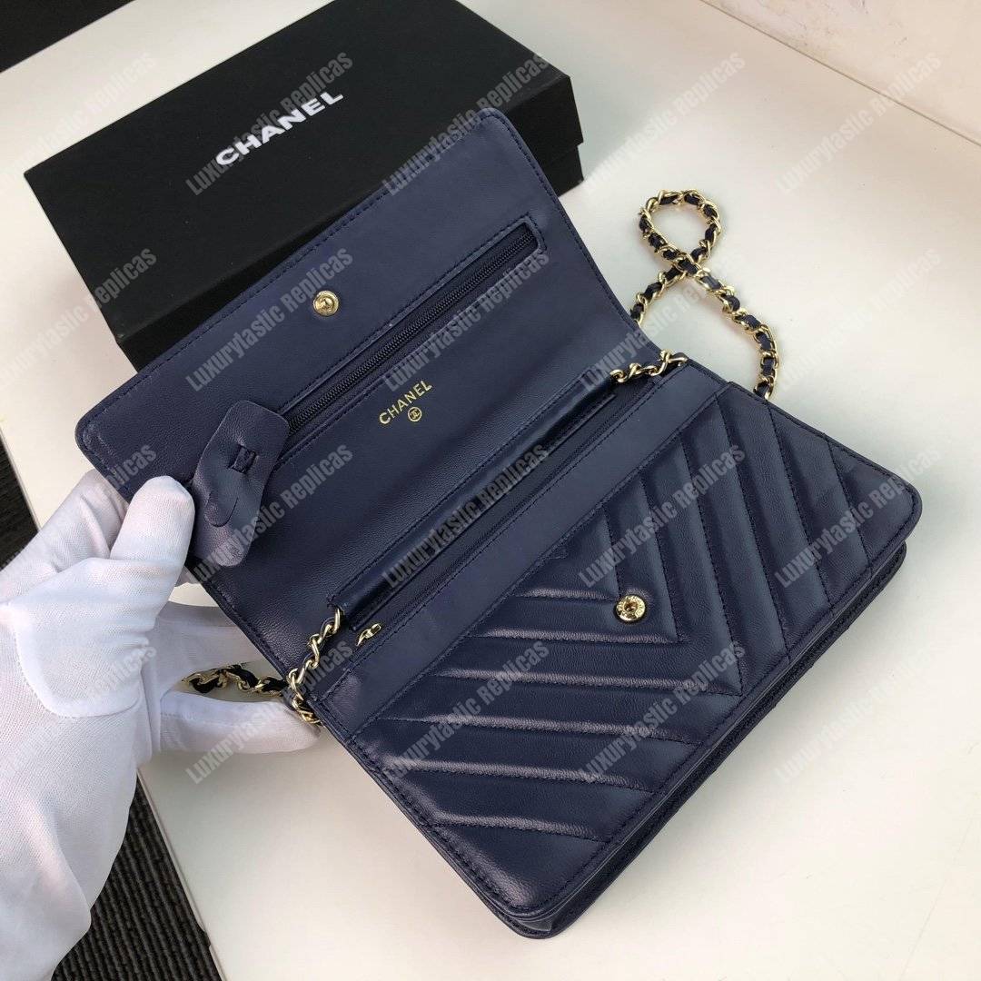 Ch*el wallet on chain – woc chevron lambskin dark blue gold-toned