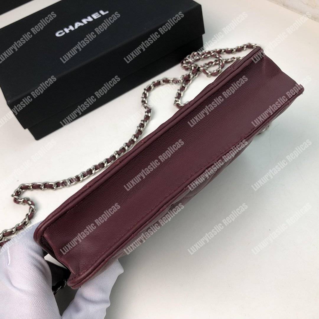 Ch*el wallet on chain – woc chevron lambskin maroon silver-toned