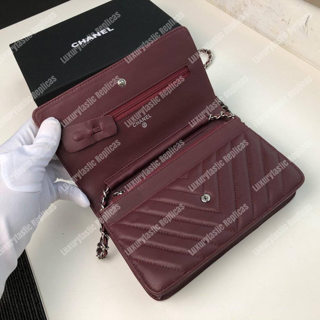 Ch*el wallet on chain – woc chevron lambskin maroon silver-toned
