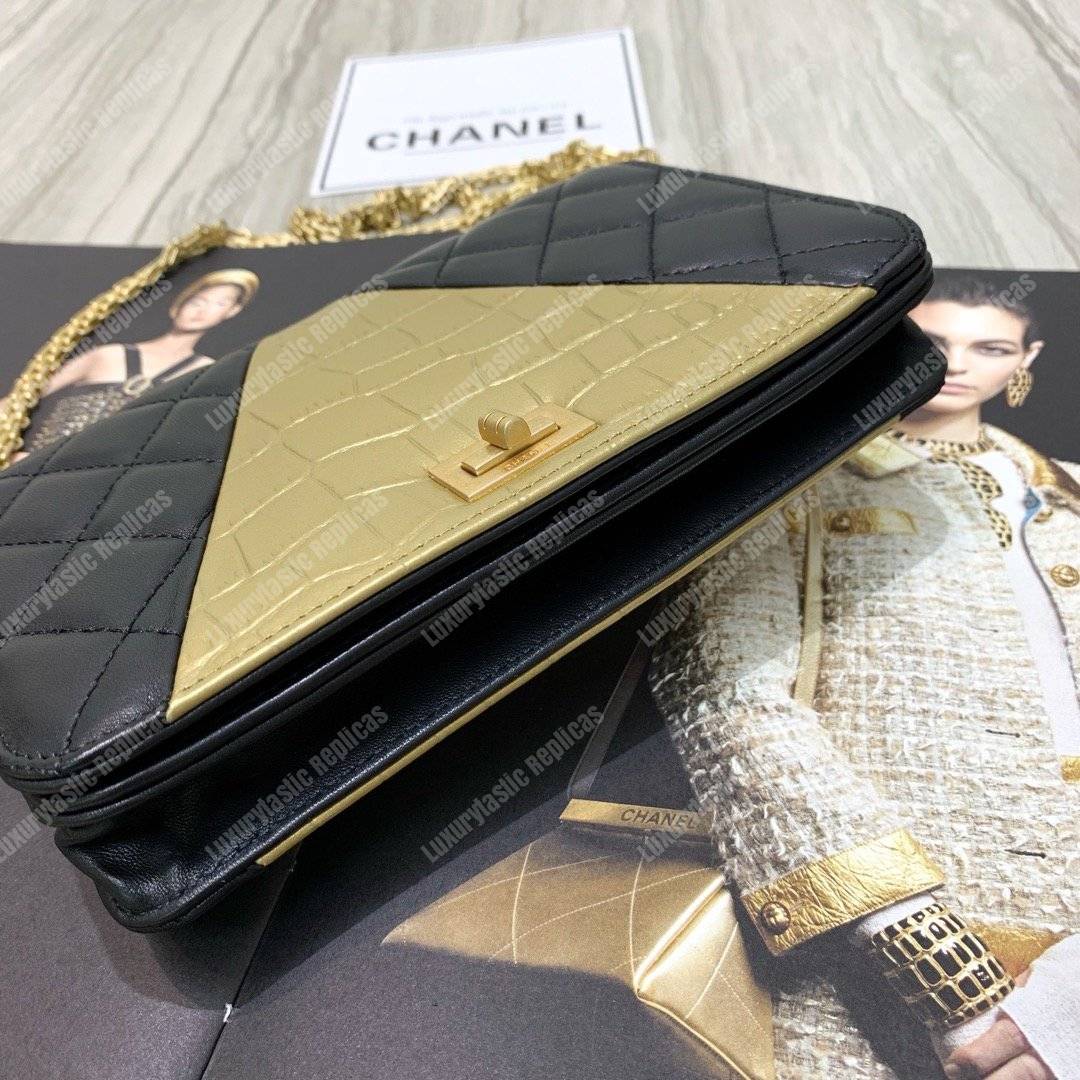 Ch*el wallet on chain – woc lambskin & crocodile-embossed leather egyptian