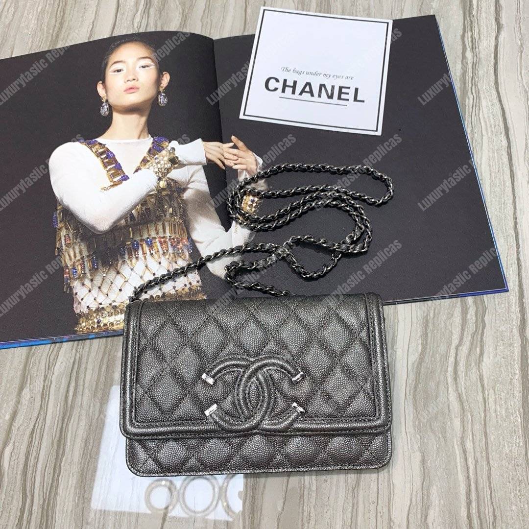 Ch*el wallet on chain – woc cc filigree grey grained calfskin