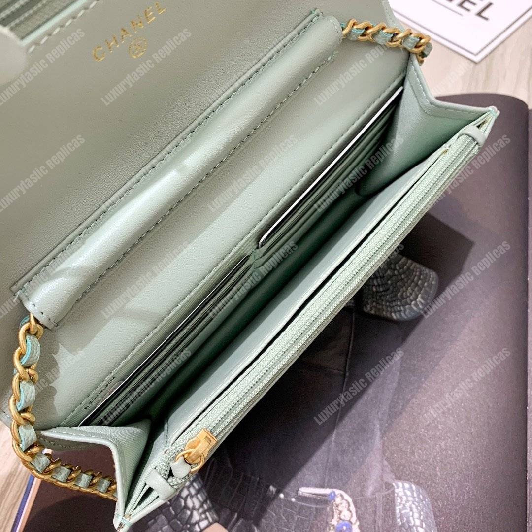 Ch*el wallet on chain – woc cc filigree seafoam green grained calfskin