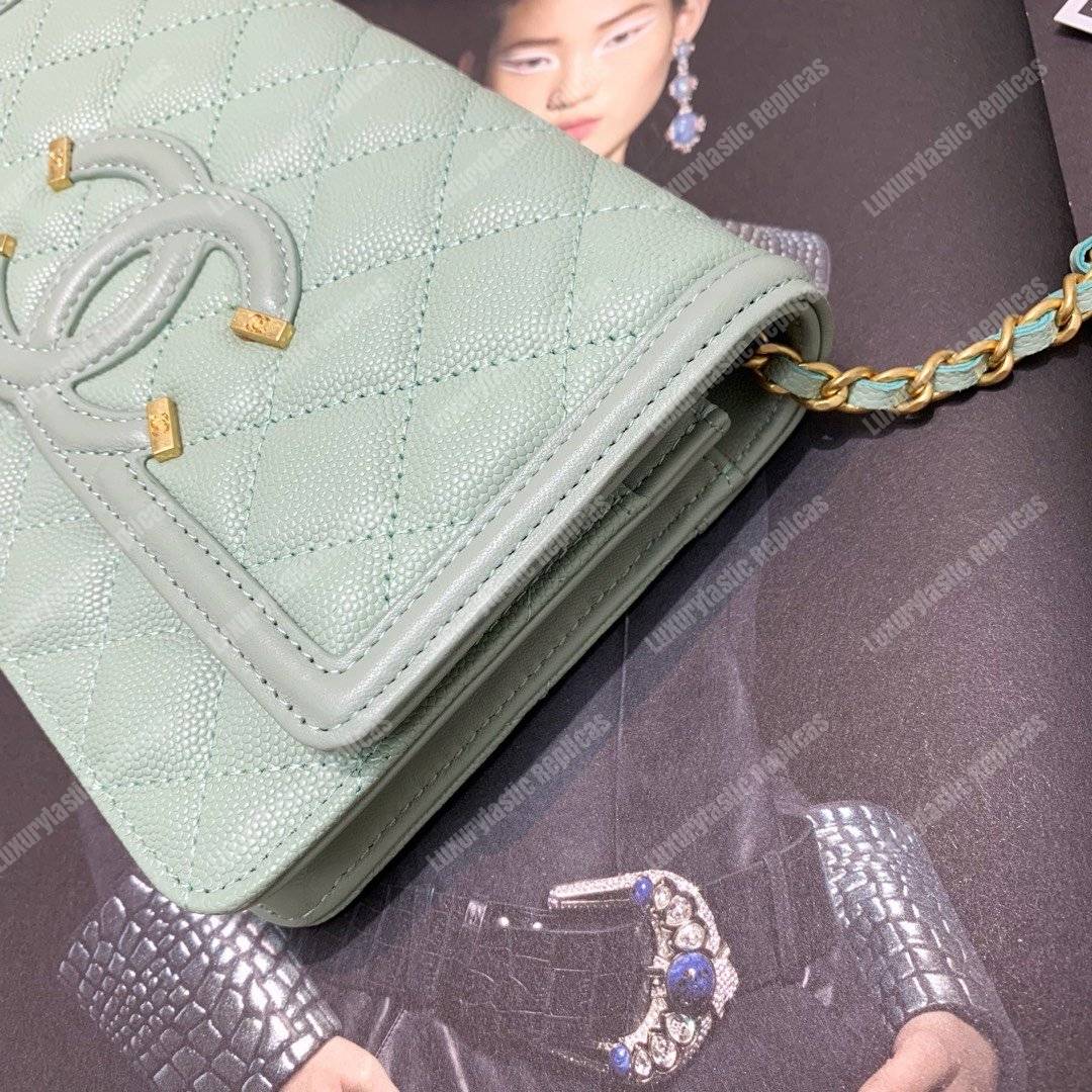 Ch*el wallet on chain – woc cc filigree seafoam green grained calfskin