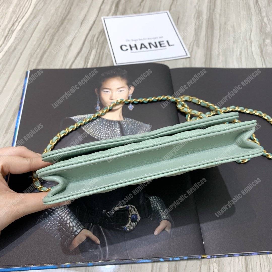 Ch*el wallet on chain – woc cc filigree seafoam green grained calfskin