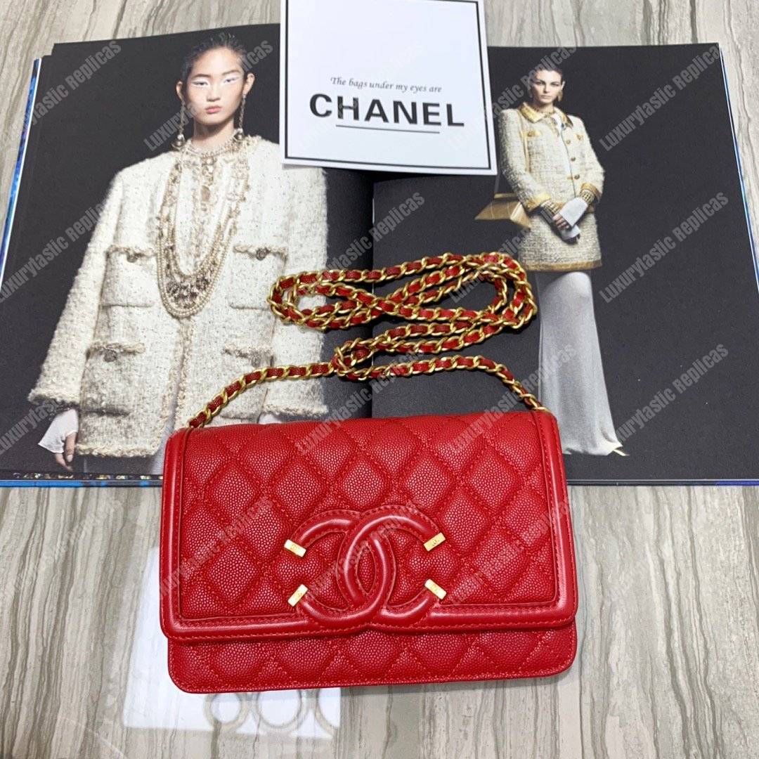 Ch*el wallet on chain – woc cc filigree red grained calfskin