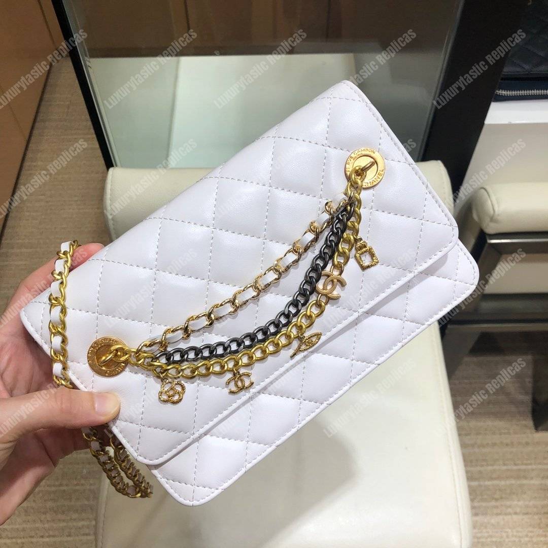 Ch*el wallet on chain – woc lambskin white braided chains