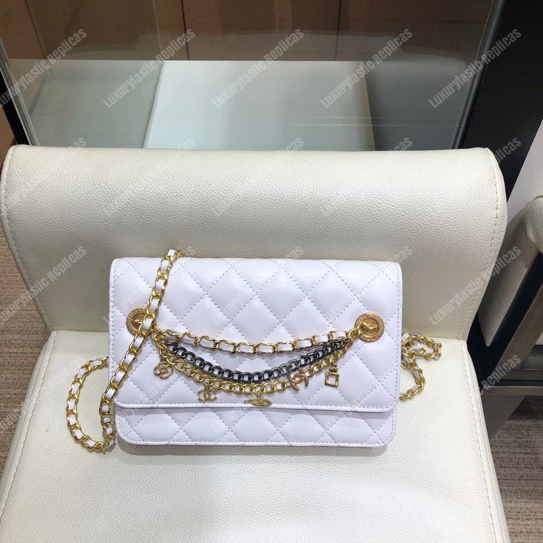 Ch*el wallet on chain – woc lambskin white braided chains