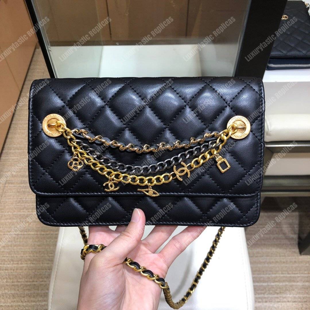 Ch*el wallet on chain – woc lambskin black braided chains