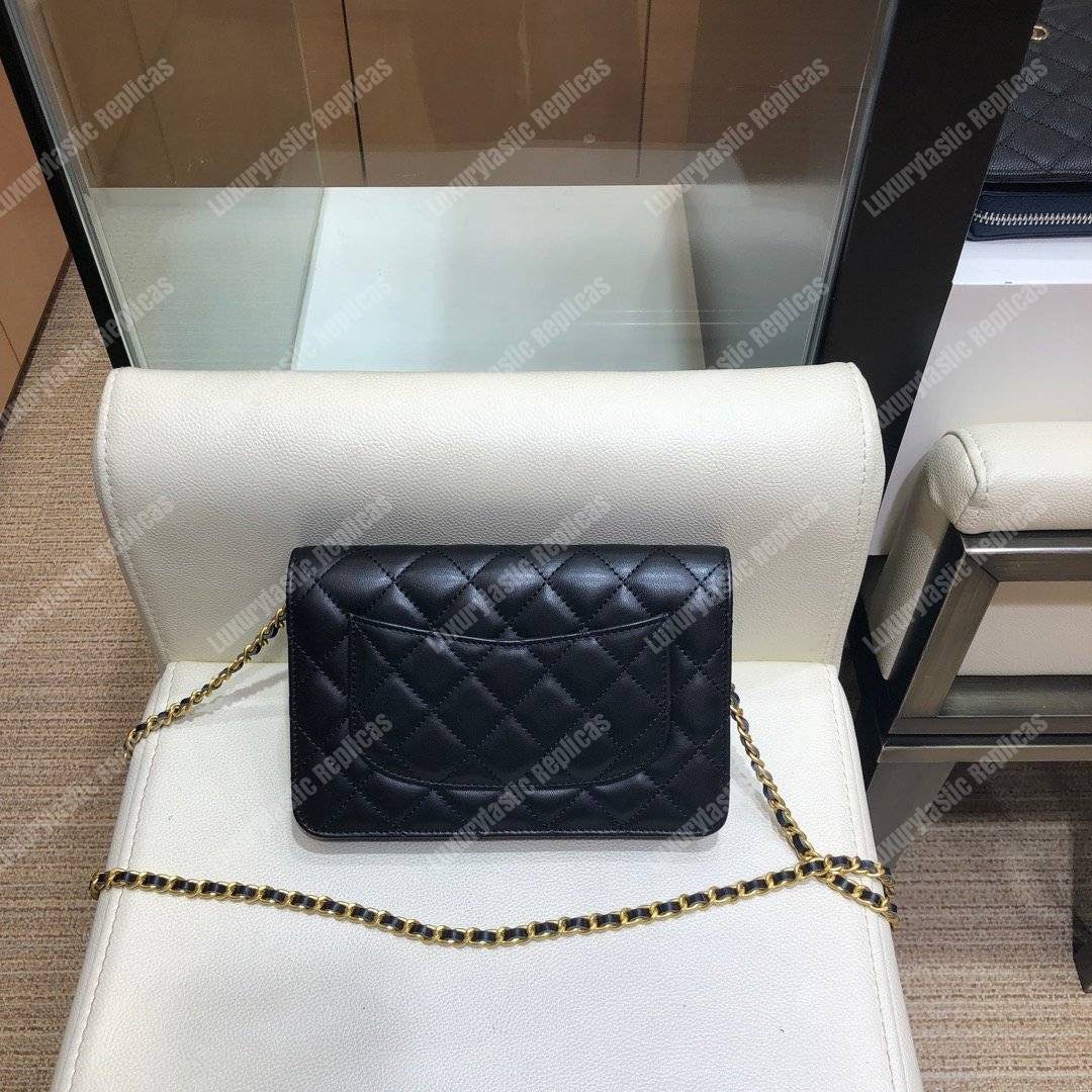 Ch*el wallet on chain – woc lambskin black braided chains