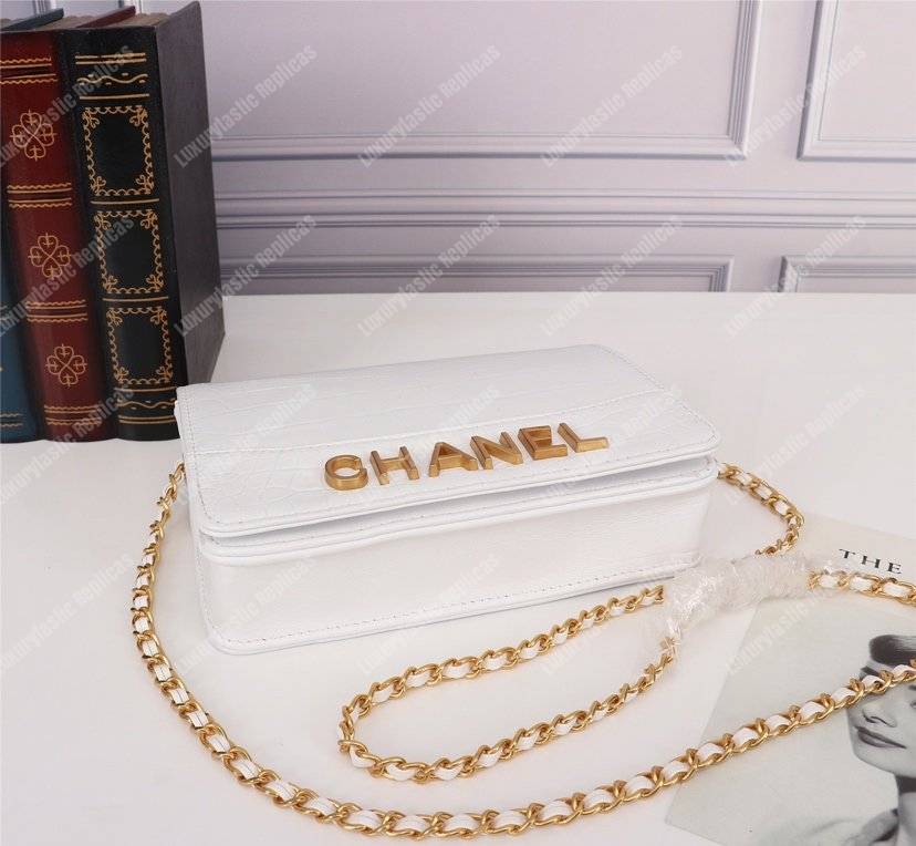 Ch*el gabrielle wallet on chain – woc crocodile embossed leather white
