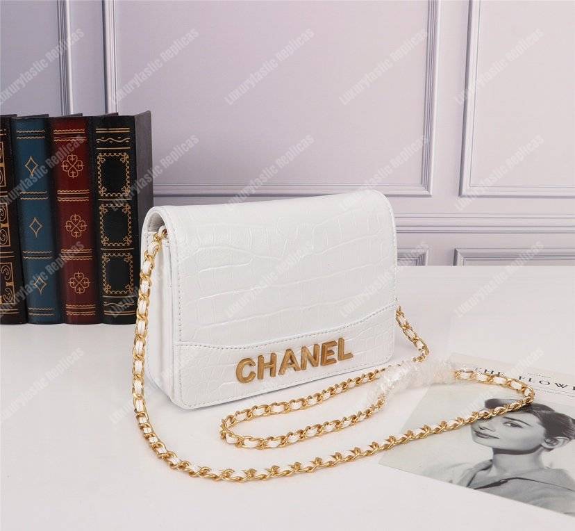 Ch*el gabrielle wallet on chain – woc crocodile embossed leather white