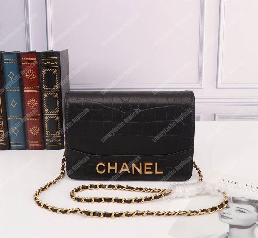 Ch*el gabrielle wallet on chain – woc crocodile embossed leather black