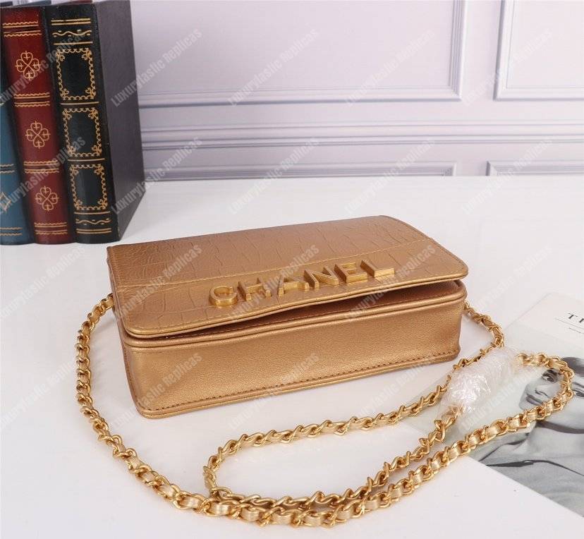 Ch*el gabrielle wallet on chain – woc crocodile embossed leather gold