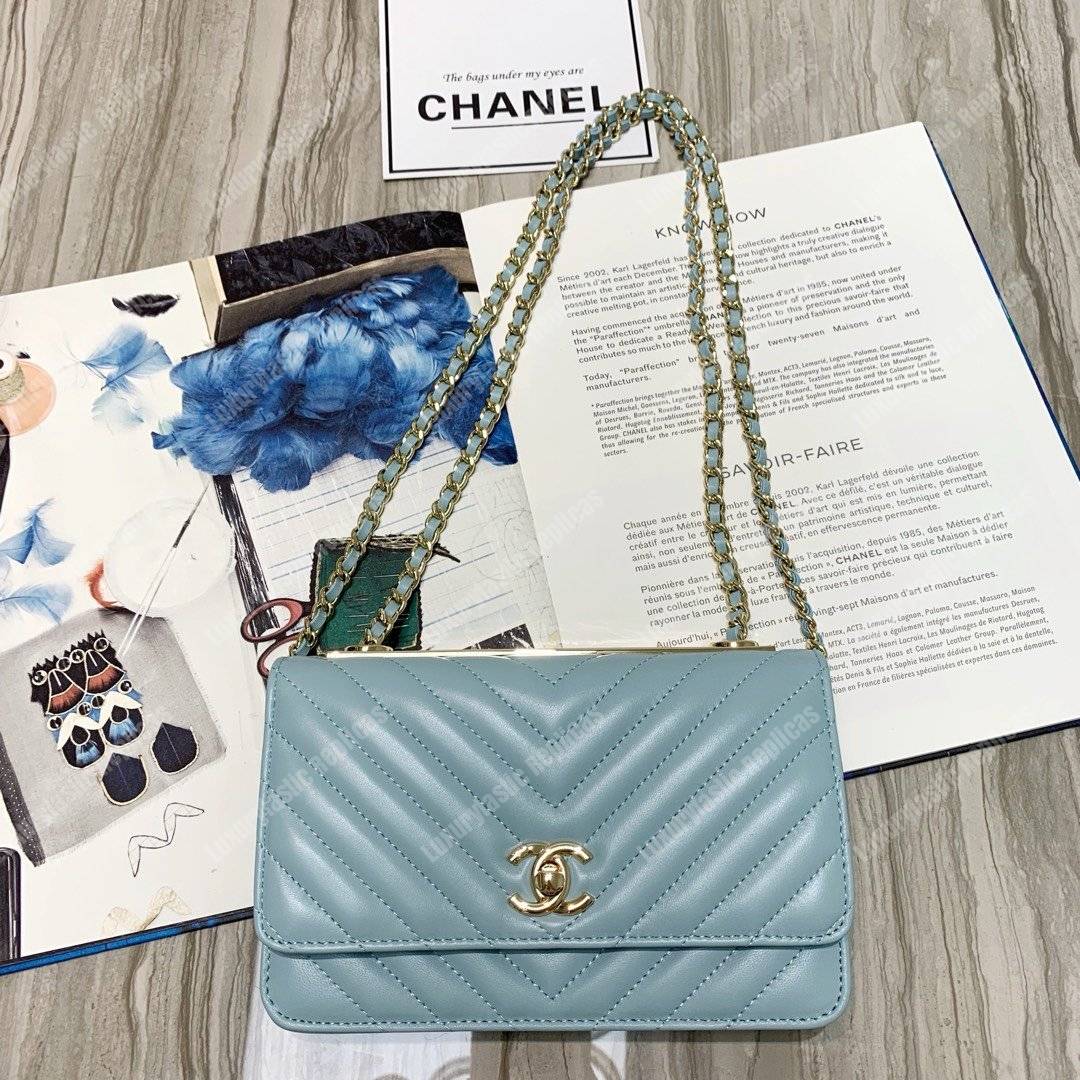Ch*el wallet on chain – woc chevron lambskin gold-toned metal light blue