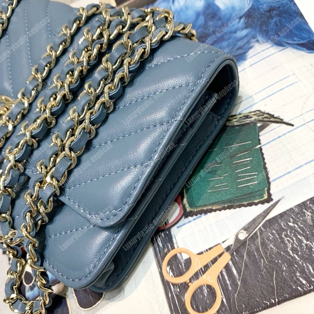 Ch*el wallet on chain – woc chevron lambskin gold-toned metal airforce blue