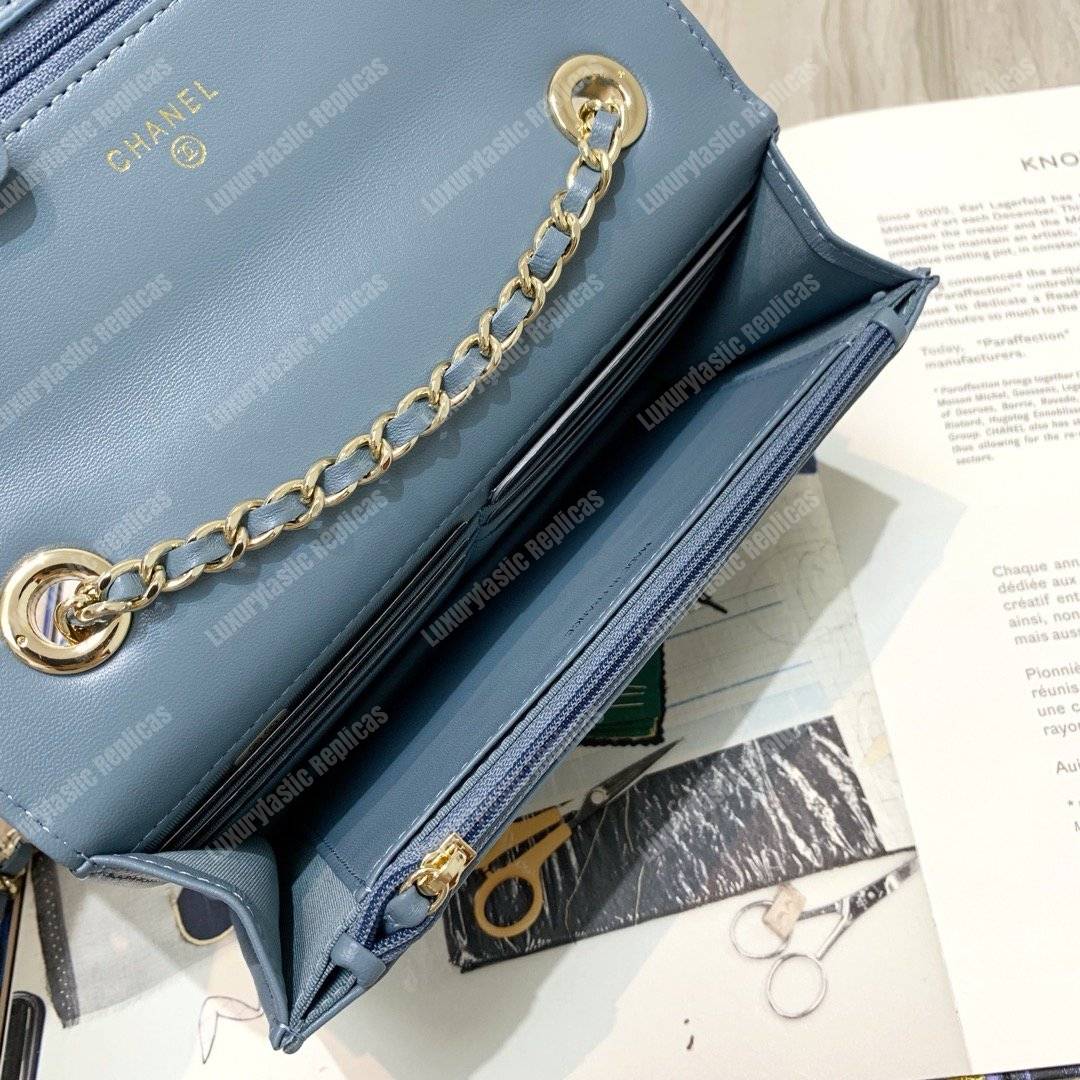 Ch*el wallet on chain – woc chevron lambskin gold-toned metal airforce blue
