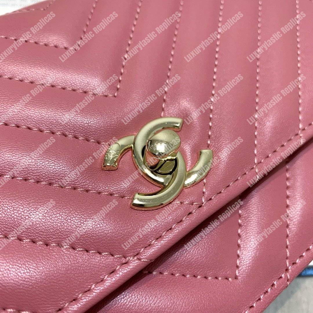 Ch*el wallet on chain – woc chevron lambskin gold-toned metal peach pink
