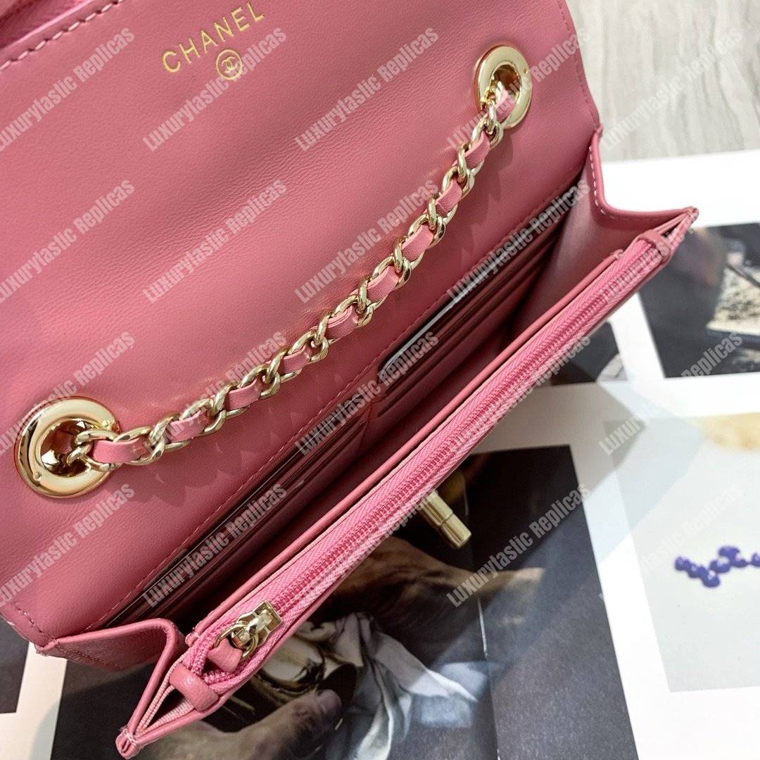 Ch*el wallet on chain – woc chevron lambskin gold-toned metal peach pink