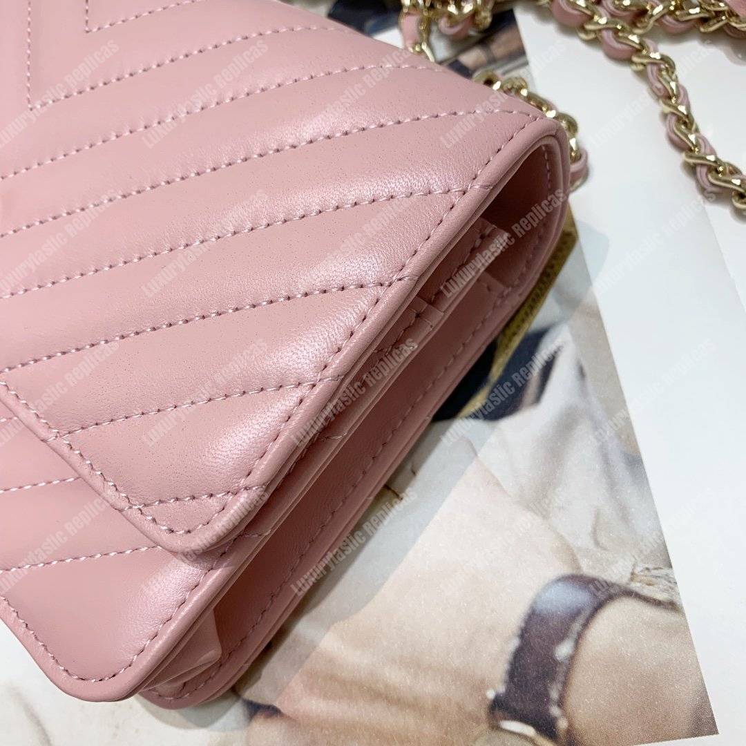 Ch*el wallet on chain – woc chevron lambskin gold-toned metal pink