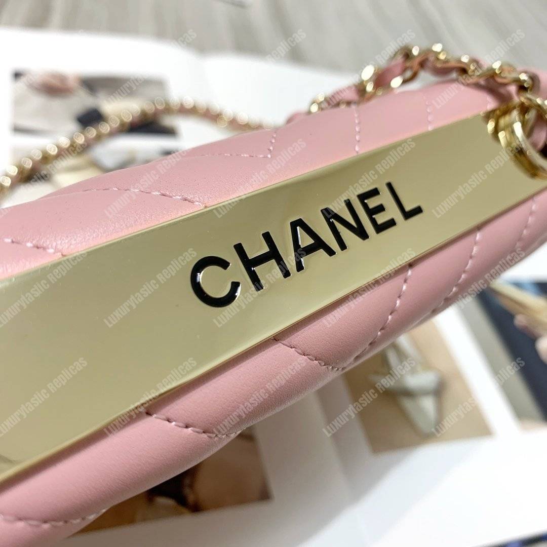 Ch*el wallet on chain – woc chevron lambskin gold-toned metal pink