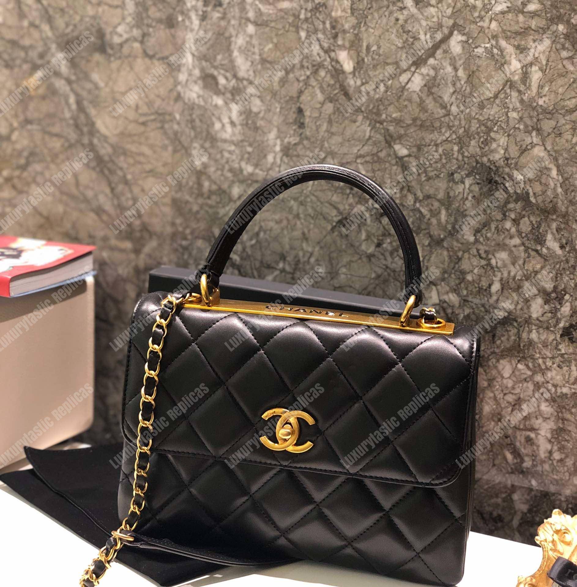 Ch*el small flap bag with top handle black-gold