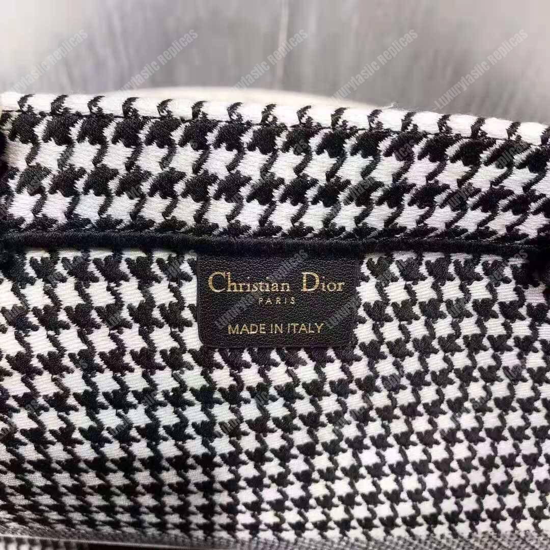 D*or book tote bag in white and black embroidered canvas houndstooth motif