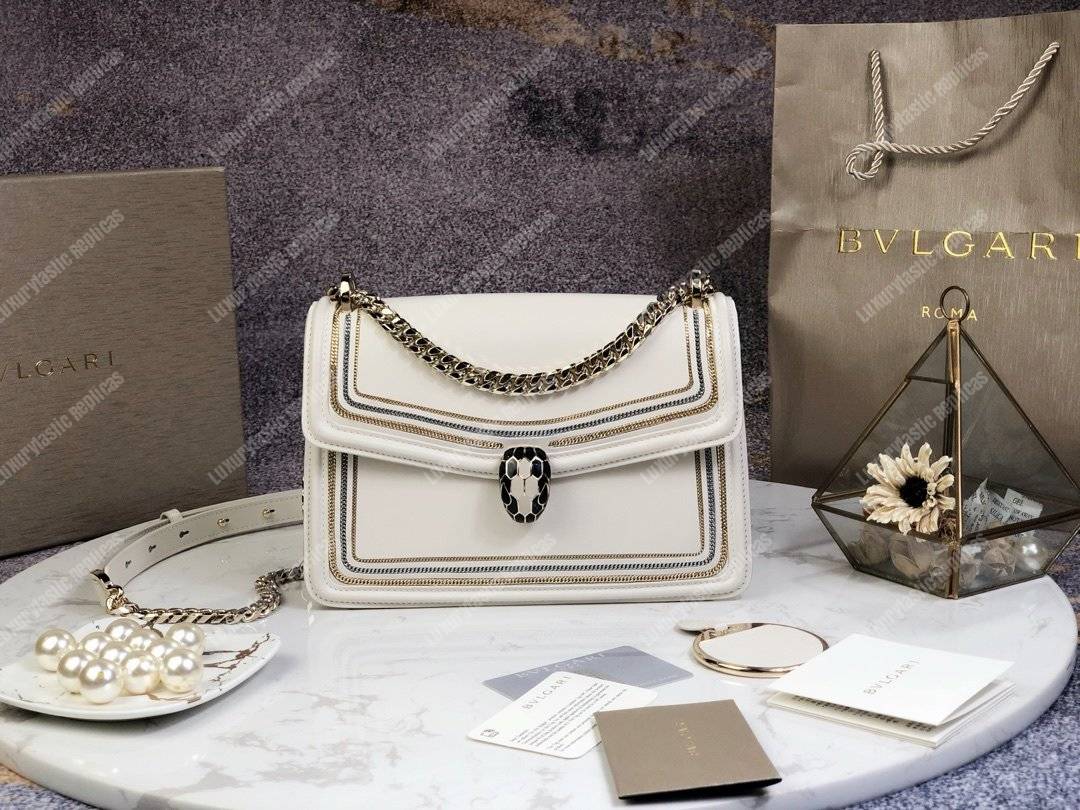 BVL Serpenti Diamond Blast Shoulder Bag White With Chain Motif