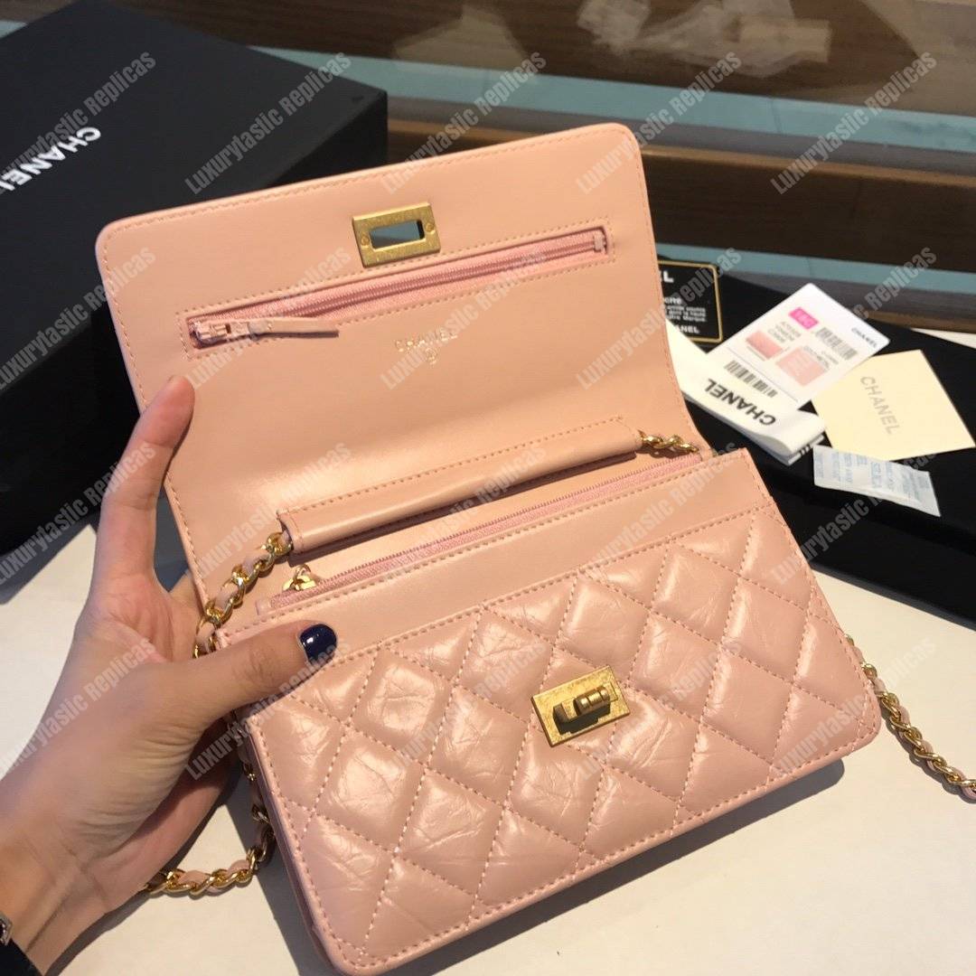 Ch*el wallet on chain – woc aged calfskin pink