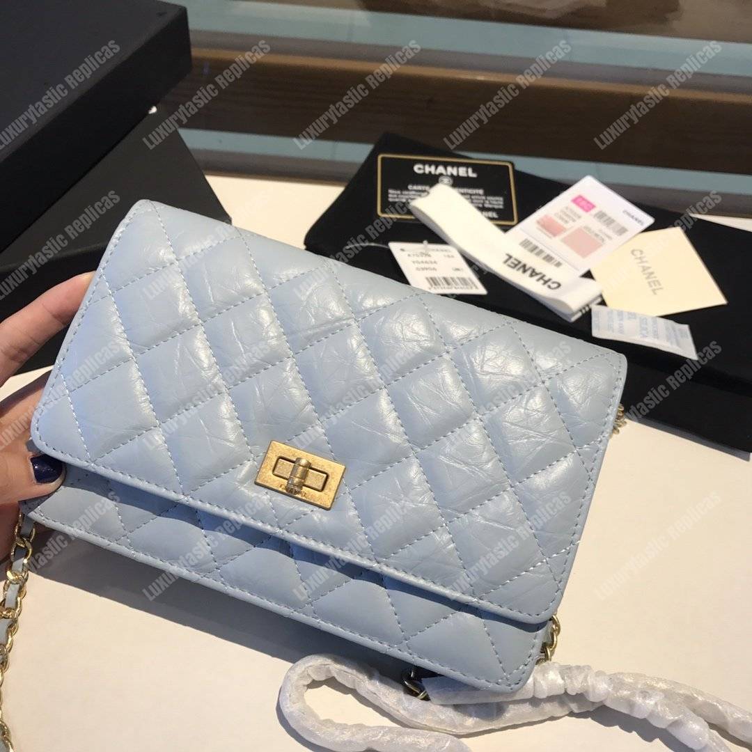 Ch*el wallet on chain – woc aged calfskin light blue