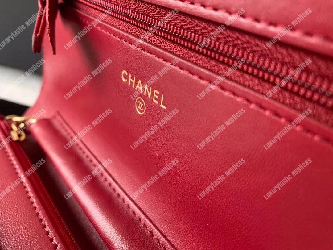 Ch*el wallet on chain – woc lambskin gold-toned metal red