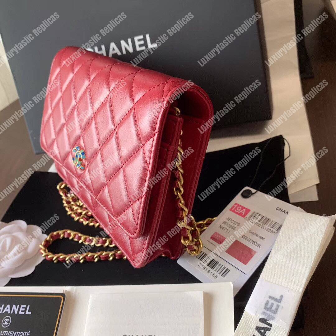 Ch*el wallet on chain – woc lambskin gold-toned metal red
