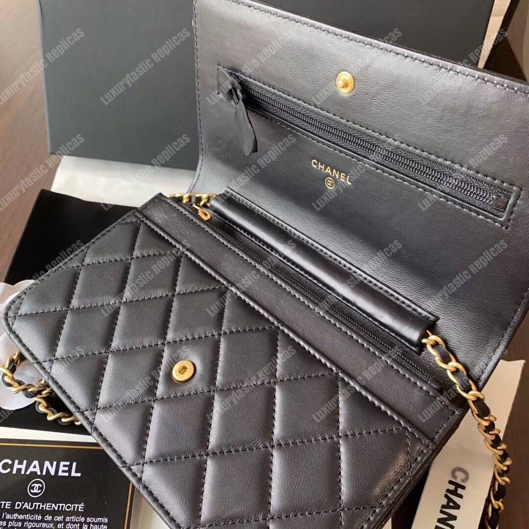Ch*el wallet on chain – woc lambskin gold-toned metal black
