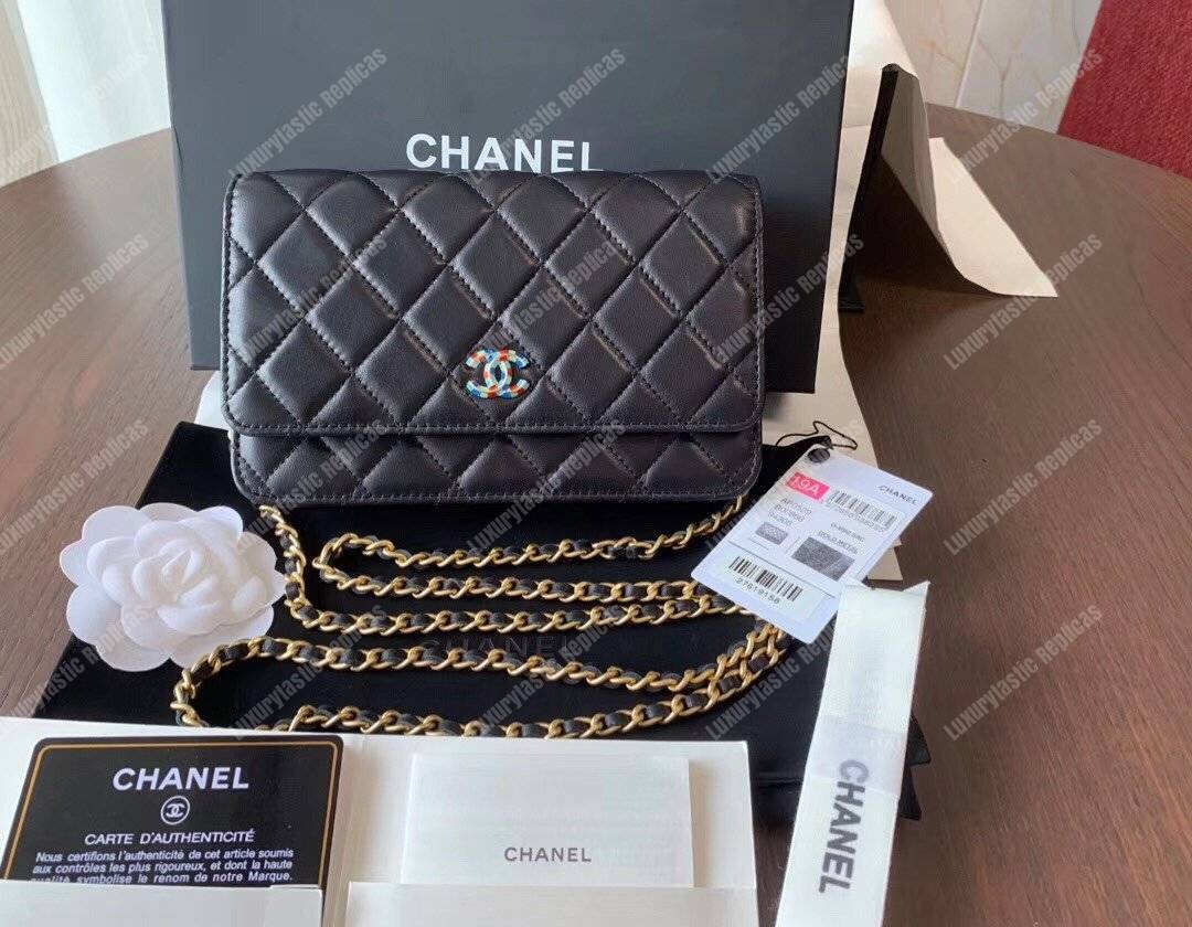 Ch*el wallet on chain – woc lambskin gold-toned metal black