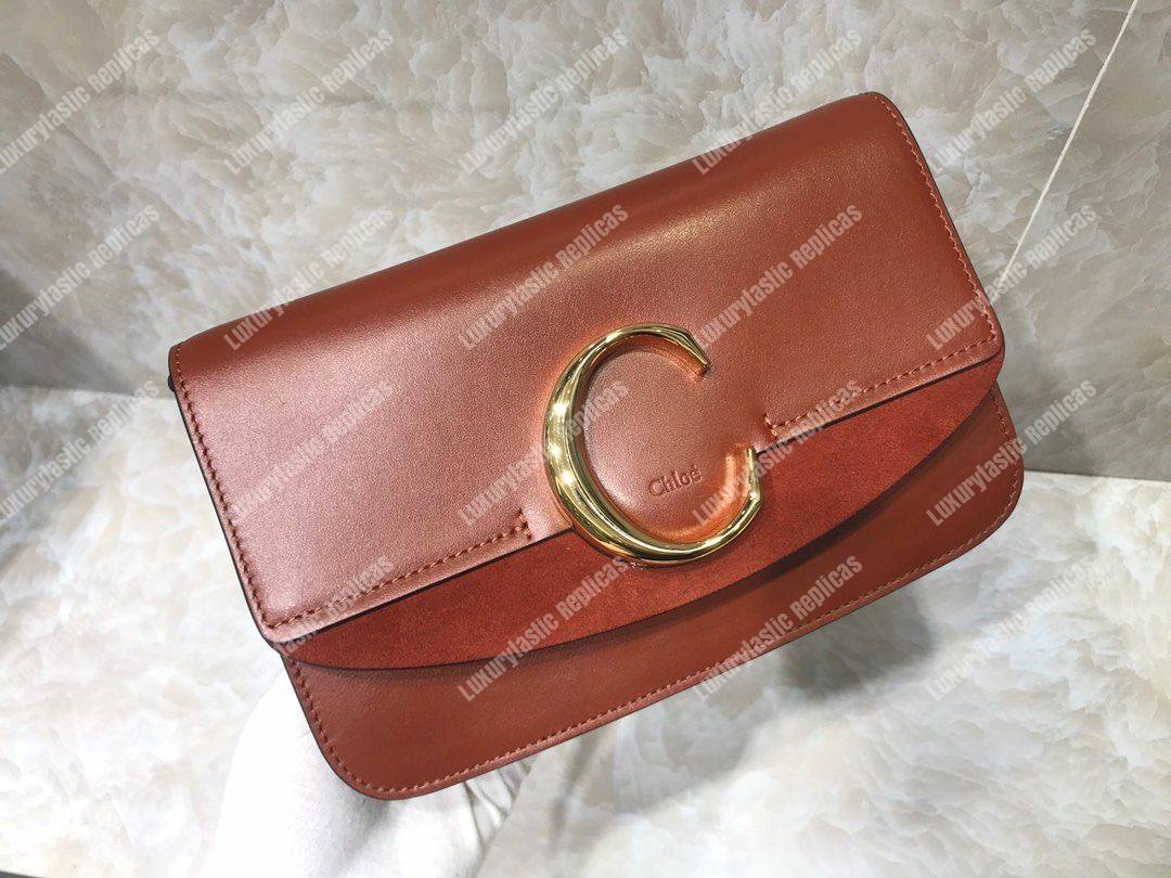 Chloe “C” Clutch With Chain In Shiny And Suede Calfskin Brown