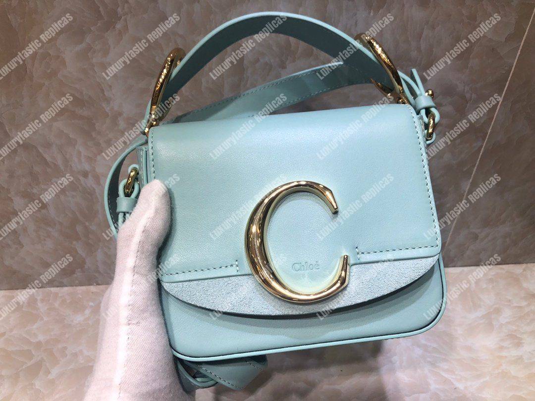 Chloe Mini Chloe C Bag In Shiny And Suede Calfskin Sky Blue