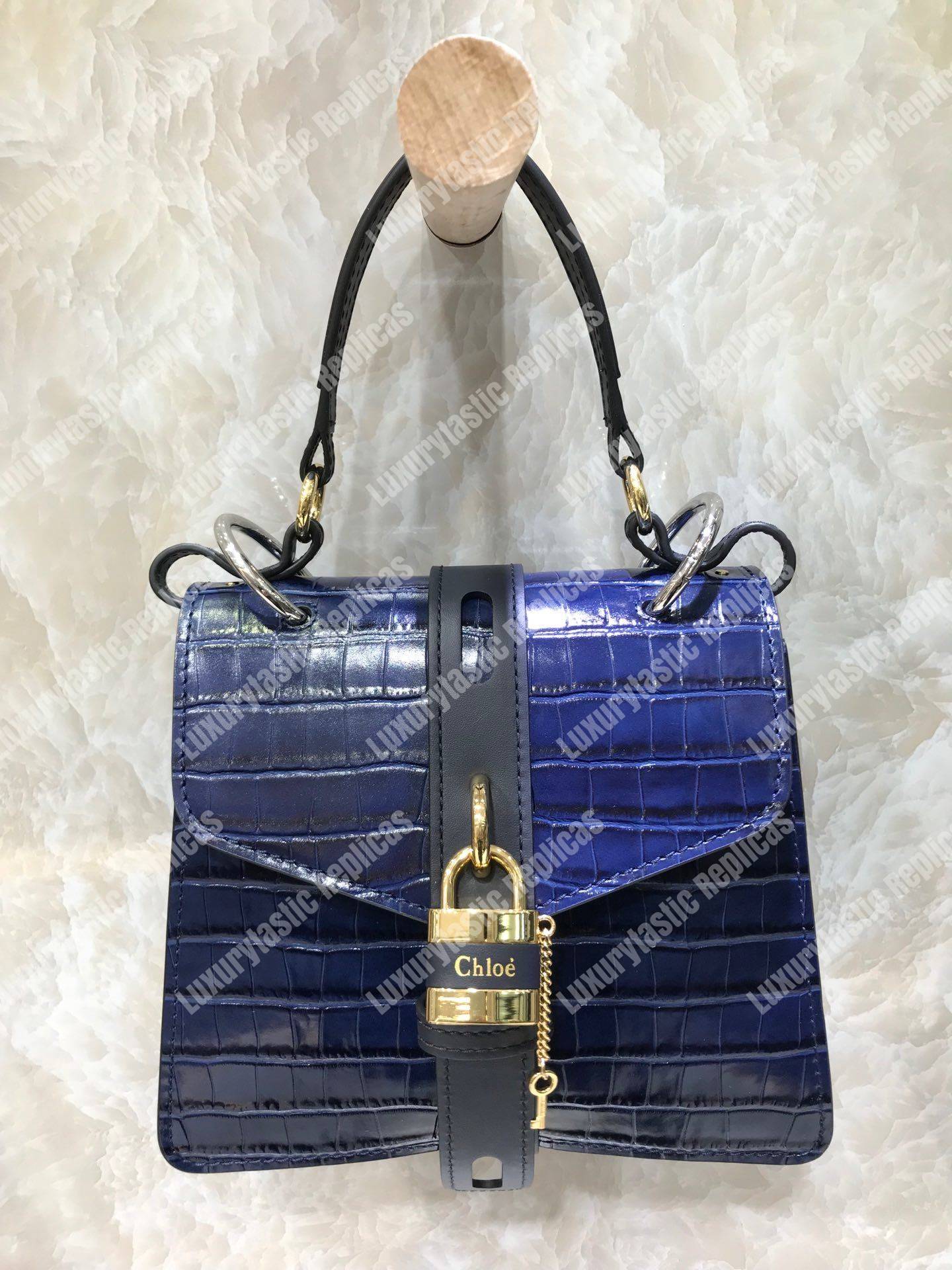 Chloe Small Aby Day Shoulder Bag In Embossed Croco Effect On Calfskin Blue