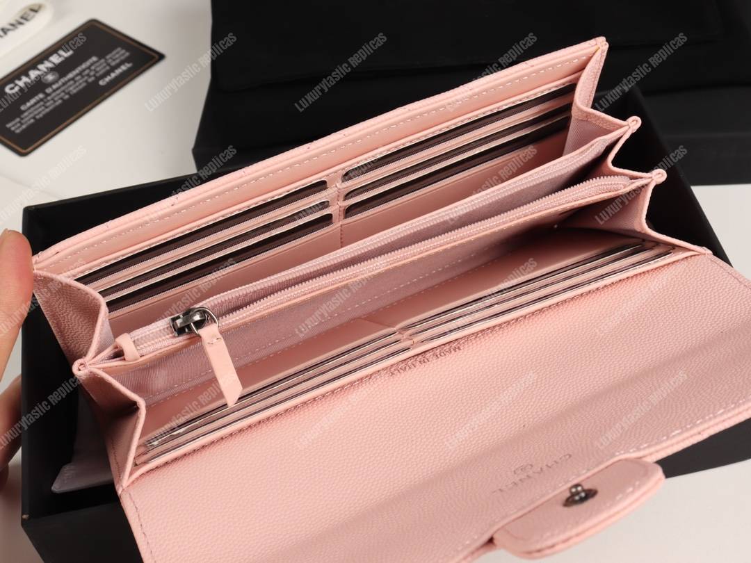 Ch*el classic long flap wallet chevron caviar pink