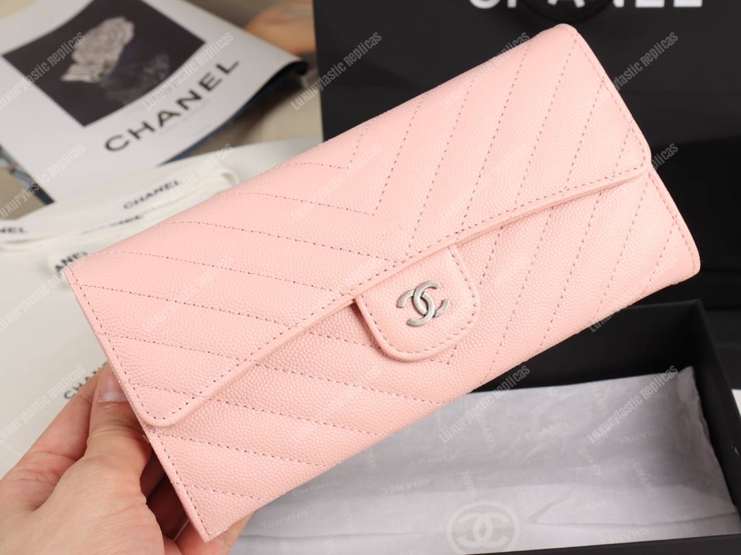 Ch*el classic long flap wallet chevron caviar pink