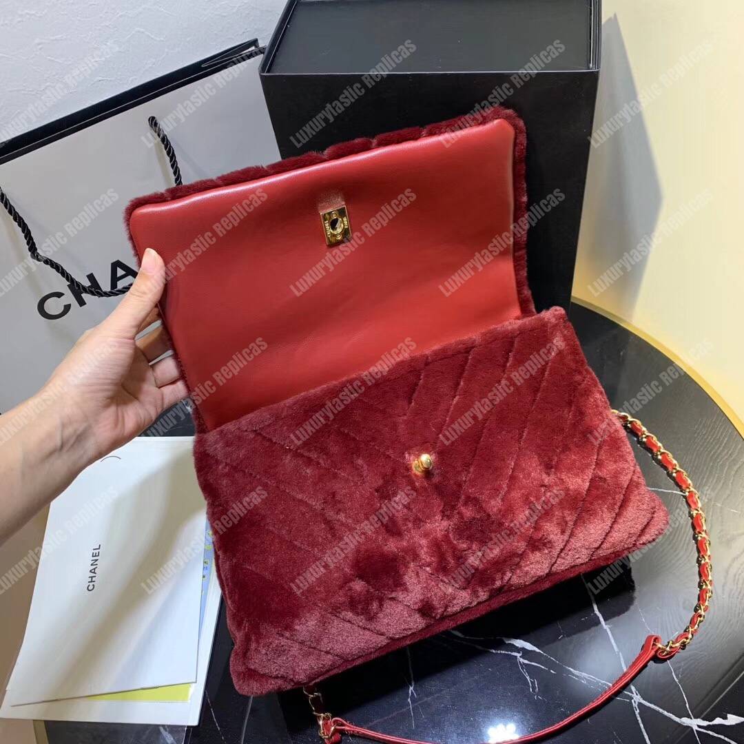 Ch*el flap bag with top handle burgundy