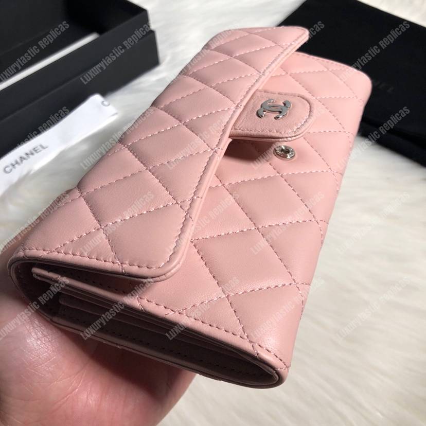 Ch*el classic long flap wallet silver tone pink