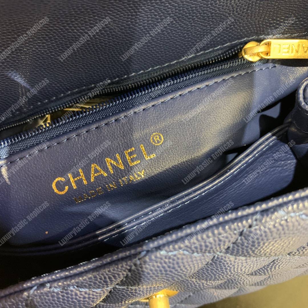 Ch*el flap bag with burgundy top handle caviar leather blue