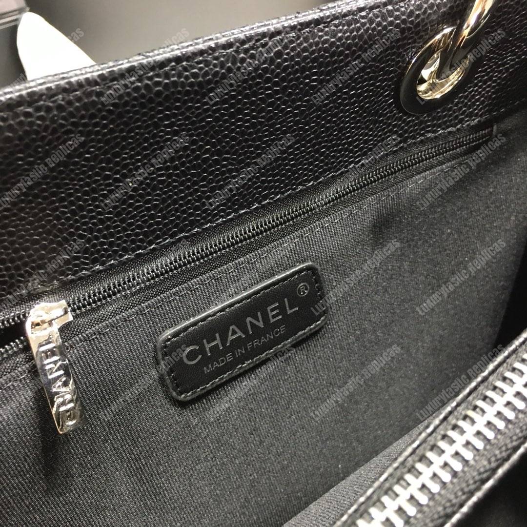 Ch*el large shopping tote silver tone black