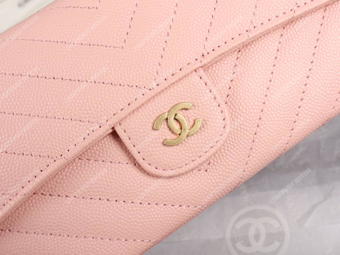 Ch*el classic long flap wallet gold tone pink