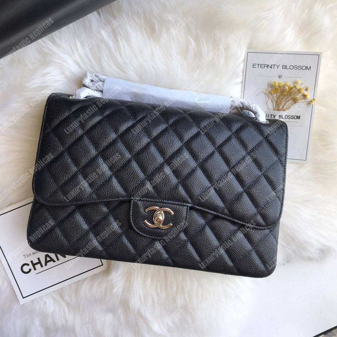 Ch*el classic maxi handbag black grained calfskin silver-toned